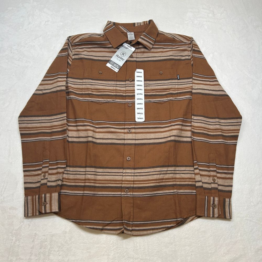 Hurley Brushed Fabric Shirt Mens Small Brown Striped Ultra Soft Regular Fit - Picture 2 of 8
